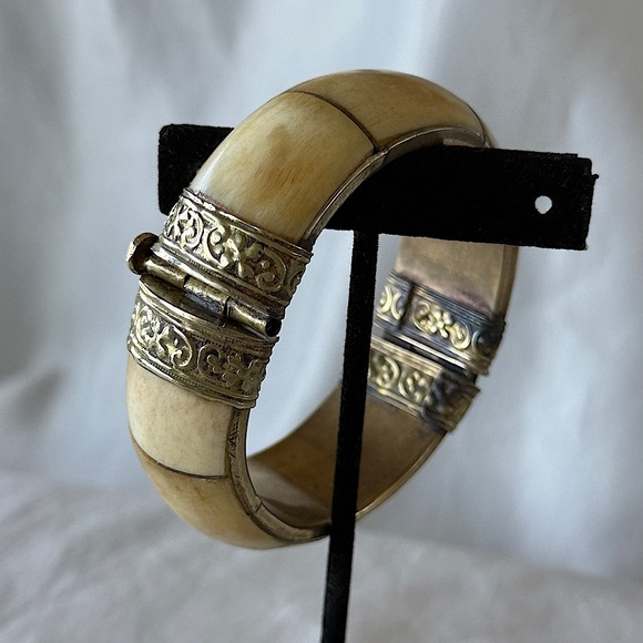 Vintage Hinged Bone Ivory Inlay and Brass Bangle Tribal Jewelry - Picture 1 of 12